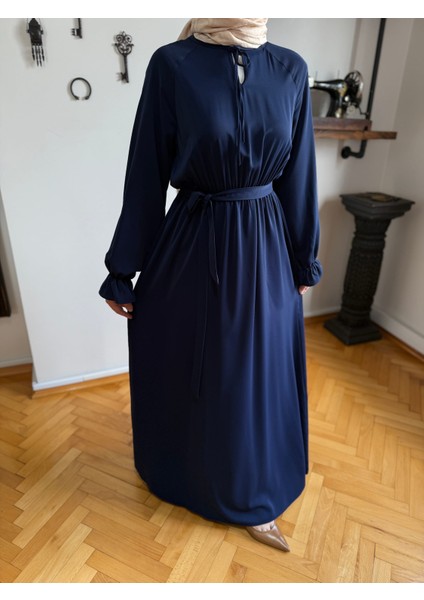 Lacivert Reglan Kol Bel Lastikli Elbise 5077 modelleri