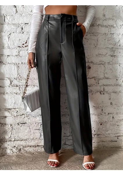 Kadın Önden Fermuarlı Cepli Geniş Kesim Lame Deri Pantolon fırsatları