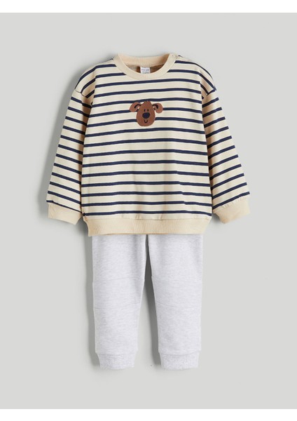 Yeni Sezon Bisiklet Yaka Çizgili Erkek Bebek Sweatshirt ve Eşofman Alt 2'li