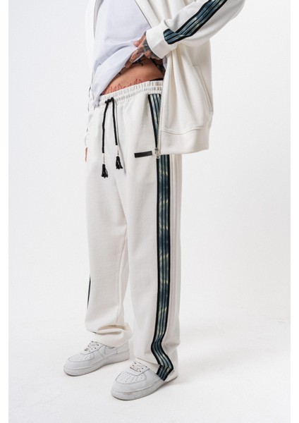 Erkek Dark Striped Şerit Detaylı Kışlık Doubleface Baggy Eşofman Altı Ekru