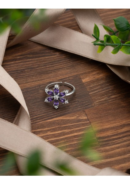 925 Ayar Ametist Taşlı Rodyum Lotus Çiçeği Ayarlanabilir Gümüş Yüzük