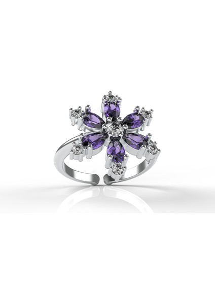 925 Ayar Ametist Taşlı Rodyum Lotus Çiçeği Ayarlanabilir Gümüş Yüzük modelleri