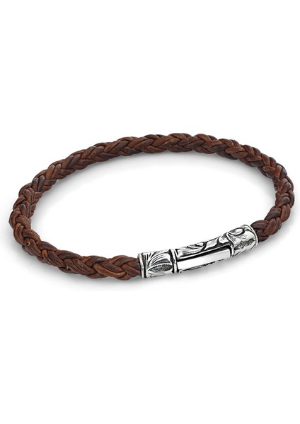 Single Lock Bej Erkek Gümüş Deri Bileklik