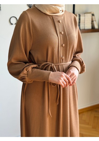Camel Kaplama Düğmeli Fitilli Örme Elbise 9937