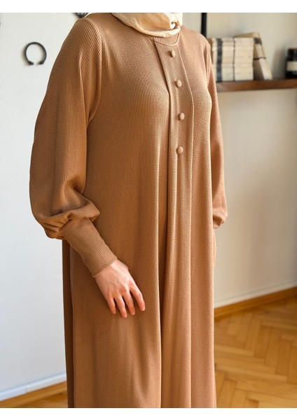 Camel Kaplama Düğmeli Fitilli Örme Elbise 9937 modelleri