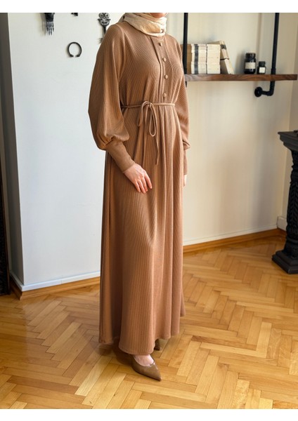 Camel Kaplama Düğmeli Fitilli Örme Elbise 9937 fırsatları