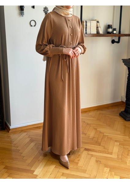 Camel Kaplama Düğmeli Fitilli Örme Elbise 9937 indirimleri