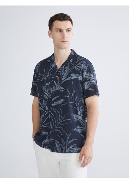Yeni Sezon Regular Fit Resort Yaka Kısa Kollu Desenli Poplin Erkek Gömlek