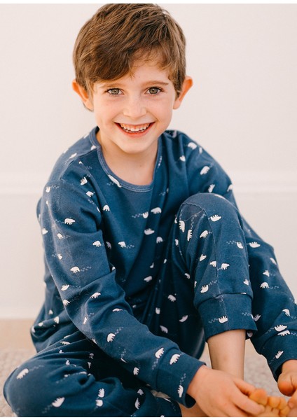 Lacivert Kutup Ayısı Desenli Uzun Kollu Unisex Çocuk Pijama Takımı fırsatları