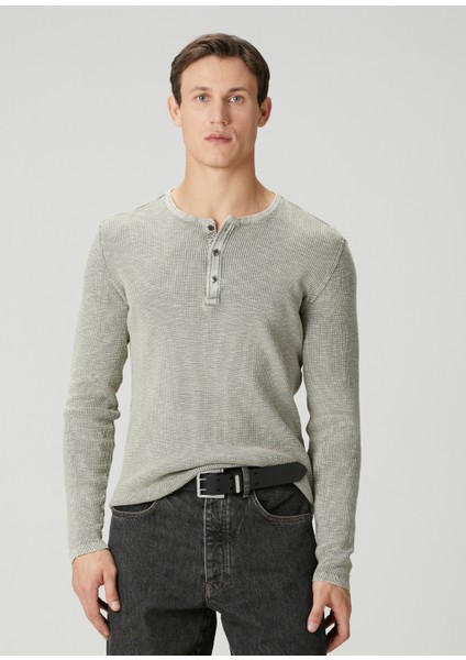 Memphis Gri Yakası Düğmeli Uzun Kollu T-Shirt