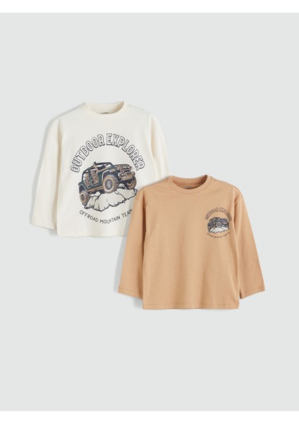 Yeni Sezon Bisiklet Yaka Baskılı Erkek Çocuk Tişört 2'li