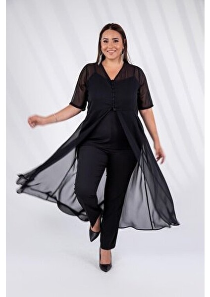 Büyük Beden Düğmeli Şifon Tunik Siyah