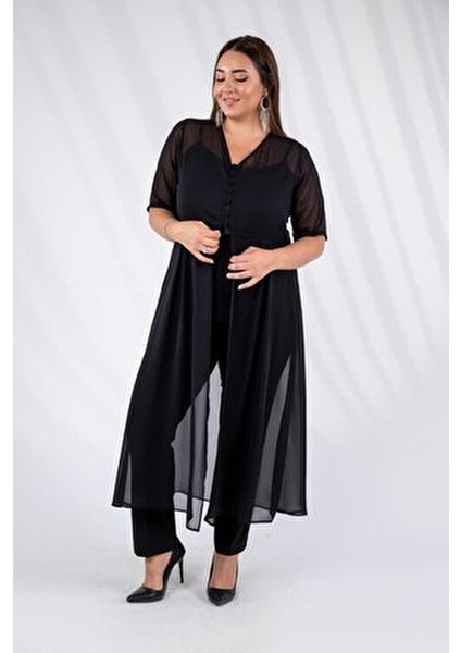 Büyük Beden Düğmeli Şifon Tunik Siyah fiyatları