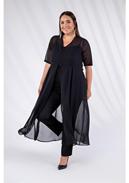 Büyük Beden Düğmeli Şifon Tunik Siyah modelleri