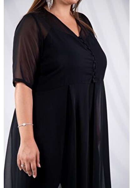 Büyük Beden Düğmeli Şifon Tunik Siyah fırsatları