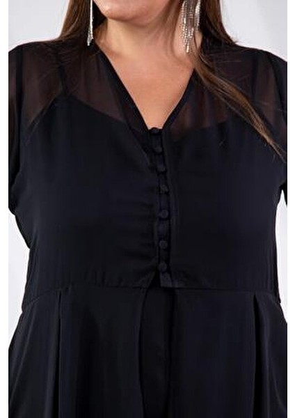 Büyük Beden Düğmeli Şifon Tunik Siyah indirimleri