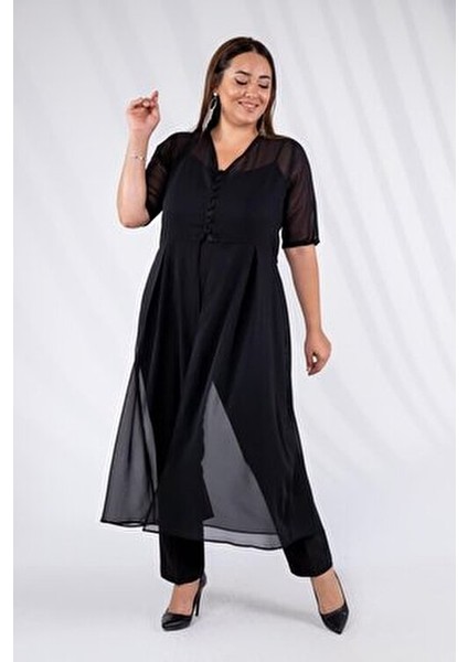 Büyük Beden Düğmeli Şifon Tunik Siyah
