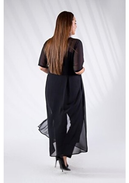 Büyük Beden Düğmeli Şifon Tunik Siyah