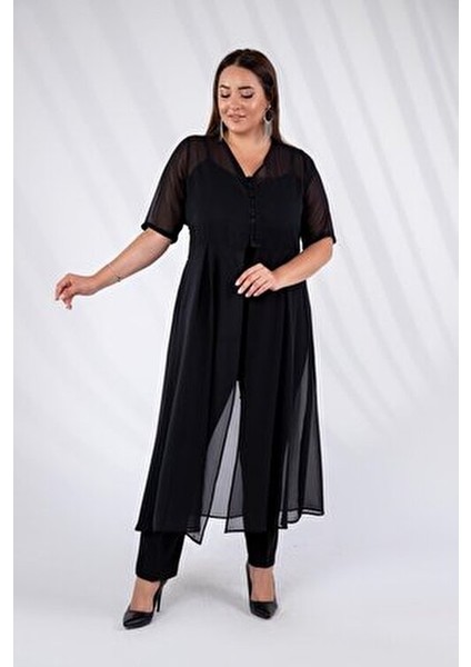 Büyük Beden Düğmeli Şifon Tunik Siyah