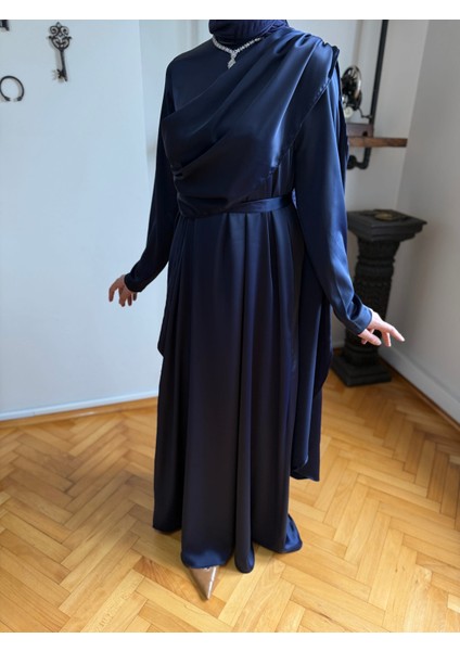 Lacivert Pelerinli Saten Abiye Elbise 5098 indirimleri
