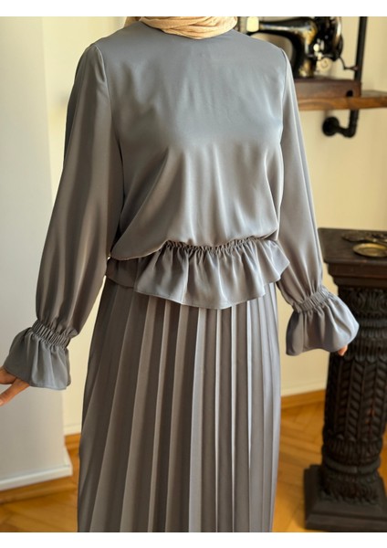 Füme Piliseli Etek + Bluz Takım 5076 modelleri