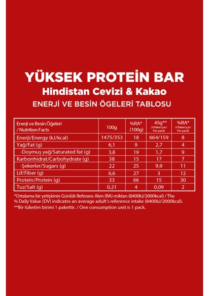 Hindistan Cevizli ve Kakaolu Yüksek Protein Bar 45 g x 12 Adet indirimleri
