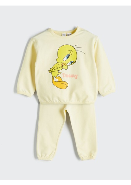 Yeni Sezon Tweety Baskılı Kız Bebek Sweatshirt ve Eşofman Alt 2'li