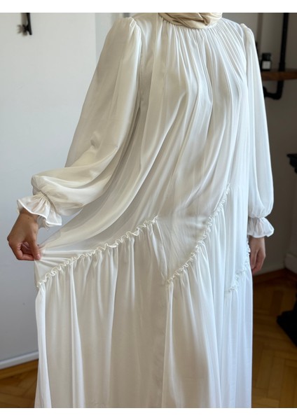 Beyaz Verev Büzgülü Şifon Elbise 1006 fiyatları