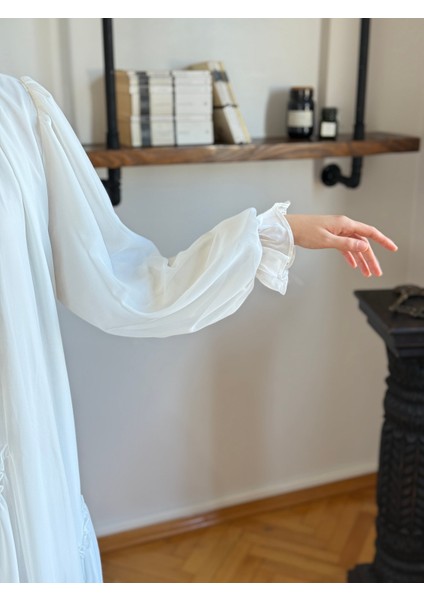 Beyaz Verev Büzgülü Şifon Elbise 1006 modelleri