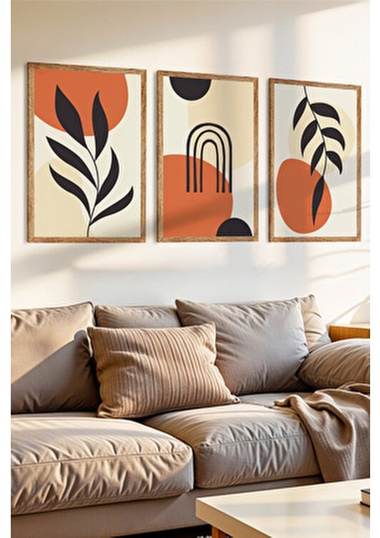 3 Parça Soyut Doğa ve Organik Formlar Temalı Ahşap Çerçeve Görünümlü Mdf Tablo Seti