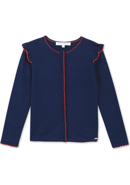 Gece Mavisi Kırmızı Biyeli Kız Çocuk Triko Hırka