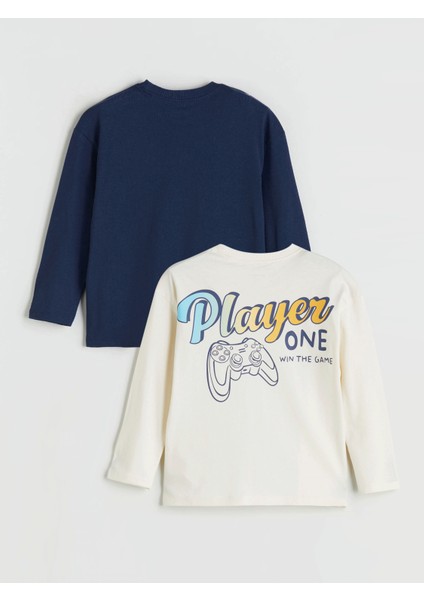 Yeni Sezon Bisiklet Yaka Baskılı Uzun Kollu Erkek Çocuk Tişört 2'li
