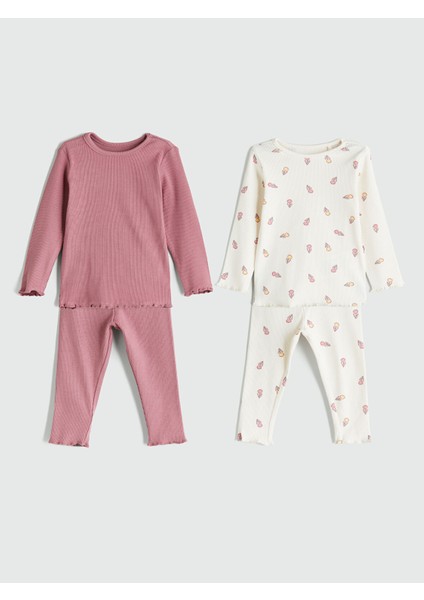 Yeni Sezon Bisiklet Yaka Baskılı Kız Bebek Pijama Takım 2'li