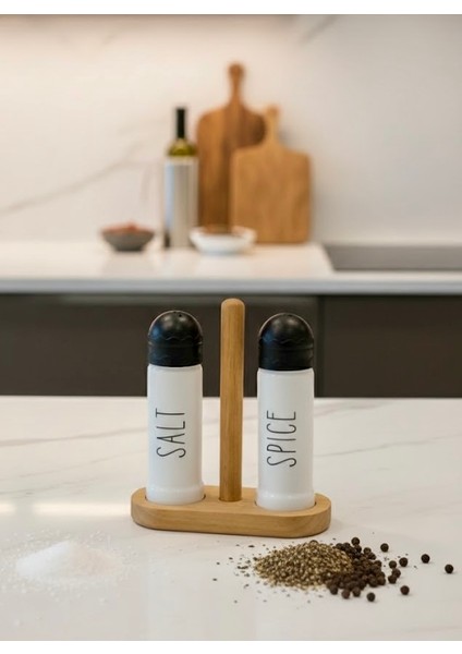 2’li Ahşap Standlı Tuzluk ve Karabiberlik Seti – Siyah & Beyaz, Şık ve Modern, Tezgah / Masa Üstü Kullanım