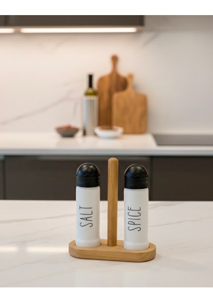2’li Ahşap Standlı Tuzluk ve Karabiberlik Seti – Siyah & Beyaz, Şık ve Modern, Tezgah / Masa Üstü Kullanım modelleri