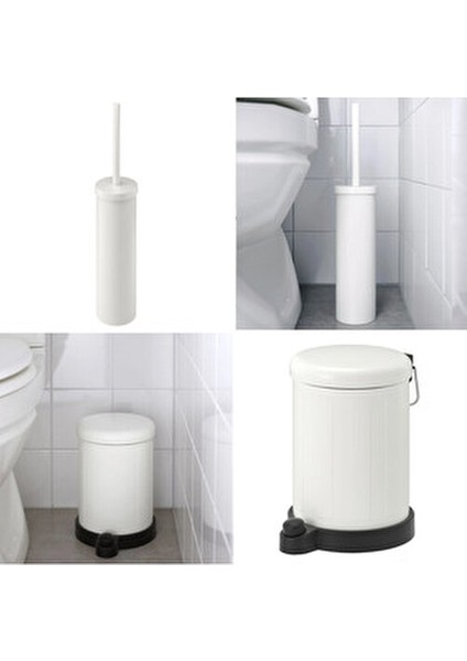 2'li Beyaz Banyo Seti - Çöp Kutusu (Çelik) 4 Litre / Tuvalet Fırçası (Çelik) 48 cm - Beyaz