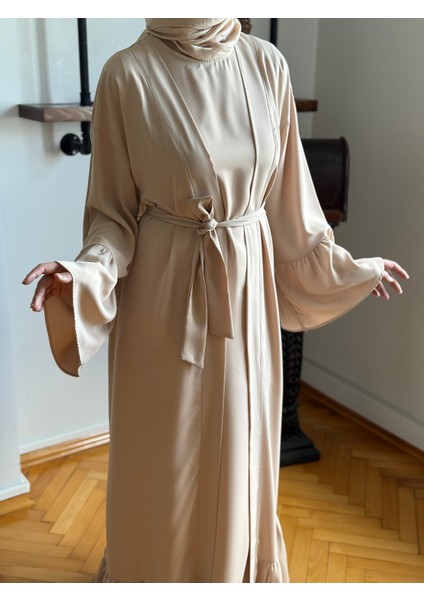 Koyu Bej Fırfırlı Ikili Takım Abaya Takım 5038