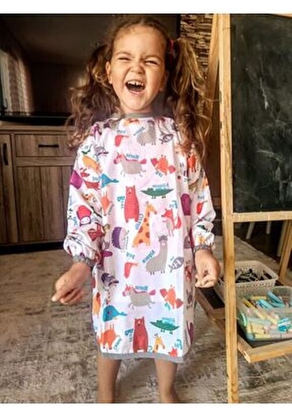 4-7 Yaş Zoo Sıvı Geçirmez, Makinede Yıkanabilir, Uzun Kollu Çocuk Faaliyet Aktivite Boyama Önlüğü