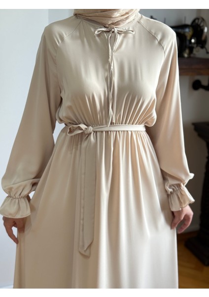 Açık Bej Reglan Kol Bel Lastikli Elbise 5077