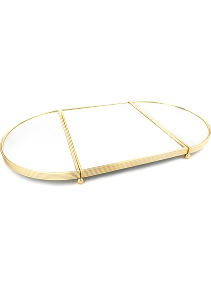 Altın Rengi Oval Aynalı Metal Jardinyer Tepsi 79X45 cm