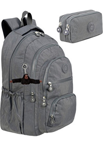 2'li Set Lüx Krinkıl Kumaş Lise ve Ortaokul Sırt Çantası + Kalemlik, Maymun Anahtarlık Hediyeli