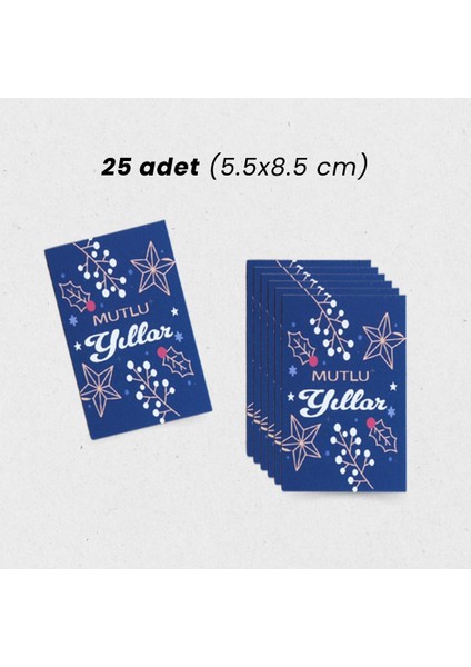 Yılbaşı Mutlu Yıllar Yazılı Hediye Kart Seti, Yıldız Temalı Paketleme Kartı, 25 Adet-5,5x8.5 Cm, Mavi