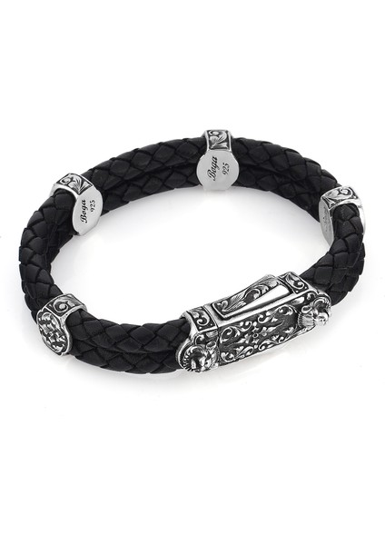 Fancy Side Lock Siyah Erkek Gümüş Bileklik