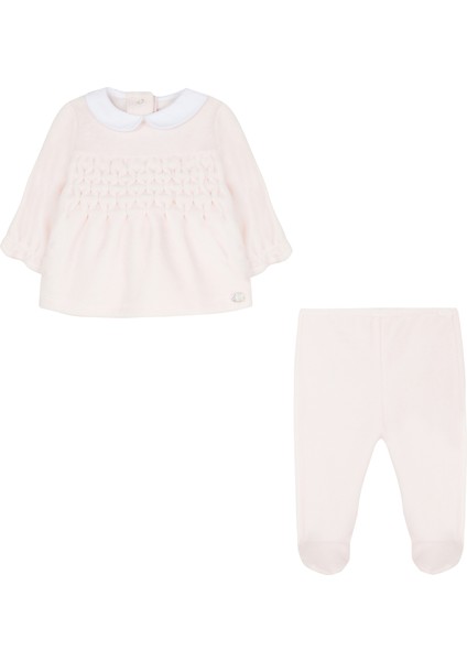 Açık Pembe Kadife Uzun Kollu Bluz ve Pantolon Kız Bebek 2'li Set