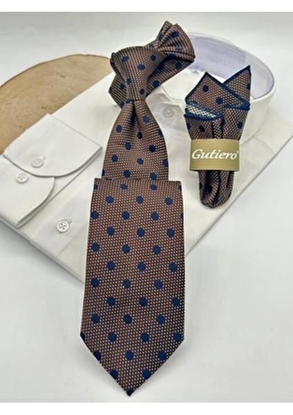 Lacivert Puantiyeli Mendilli Klasik Kravat