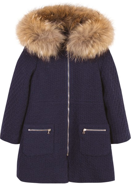 Lacivert Yün Kapüşonlu Kız Çocuk Manto