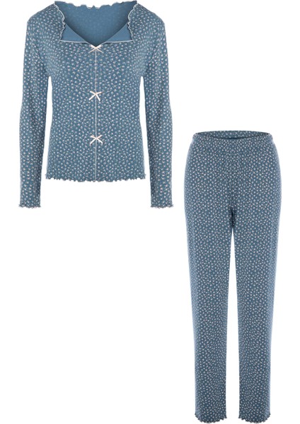 Kadın Pamuklu Çıtır Çiçek Desenli Baby Overloklu Fiyonk Detaylı Uzun Kollu Pijama Takımı