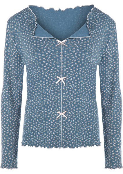 Kadın Pamuklu Çıtır Çiçek Desenli Baby Overloklu Fiyonk Detaylı Uzun Kollu Pijama Takımı fiyatları