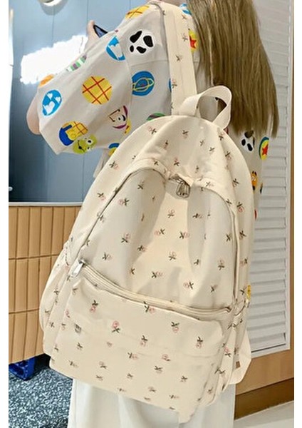 4 Bölmeli Geniş Ebatlı Çiçek Desenli Kadın Sırt Çantası - Günlük Kullanım Kadın Sırt Çantası