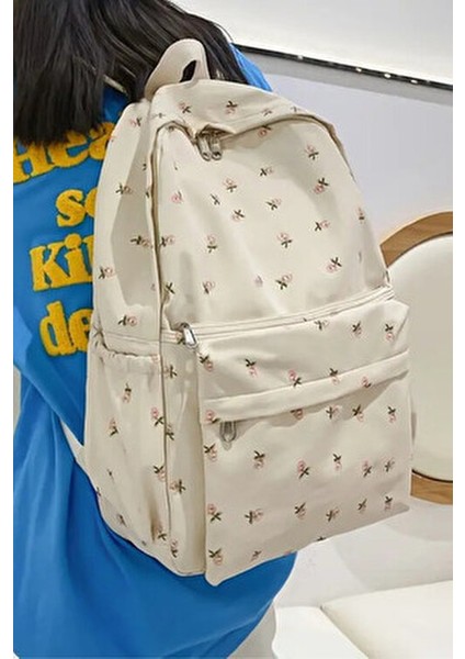4 Bölmeli Geniş Ebatlı Çiçek Desenli Kadın Sırt Çantası - Günlük Kullanım Kadın Sırt Çantası